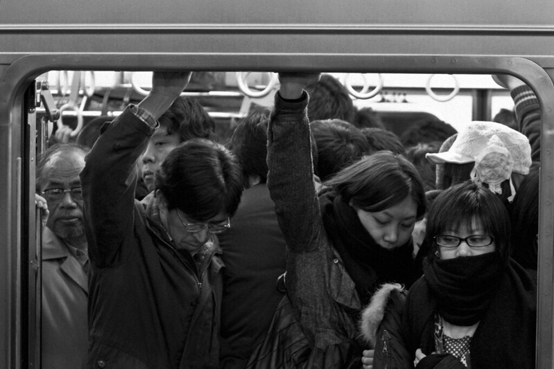 Packed train, Tokyo, Japan.