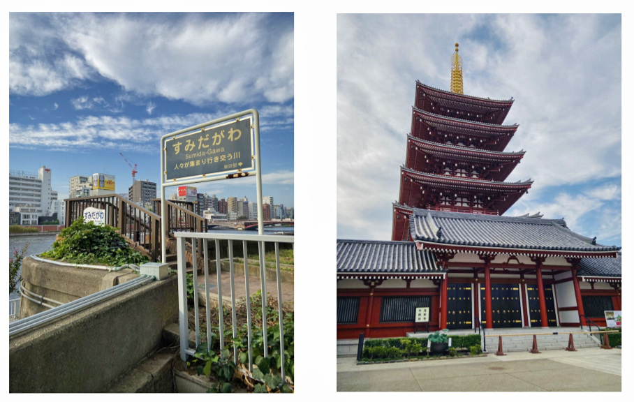 Asakusa at two locations: the Sumida River (left) and Senso-ji’s pagoda (right)
