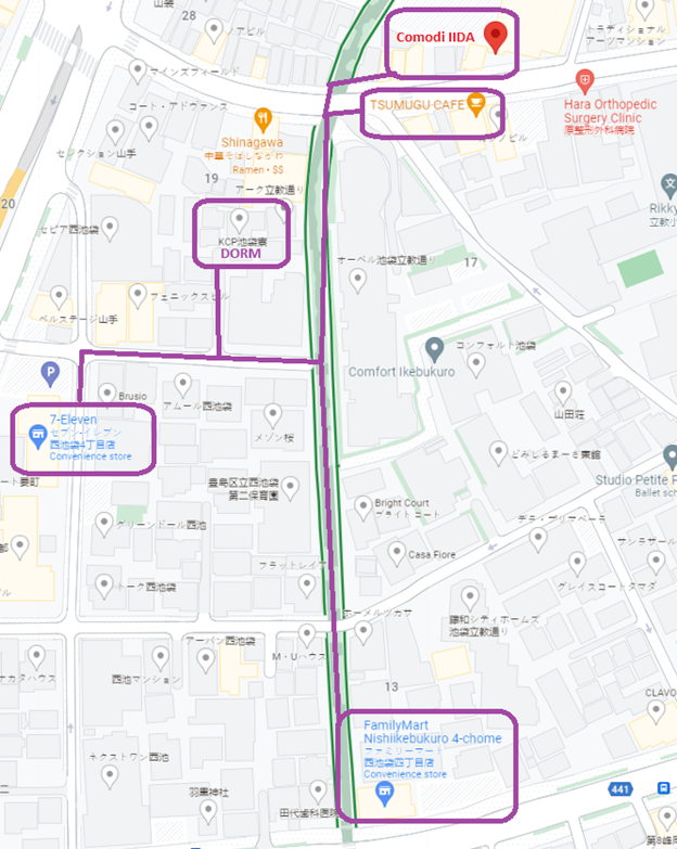 Use the map above to help guide you to the previously mentioned locations, all of which are only a 5 minute or less walk away.