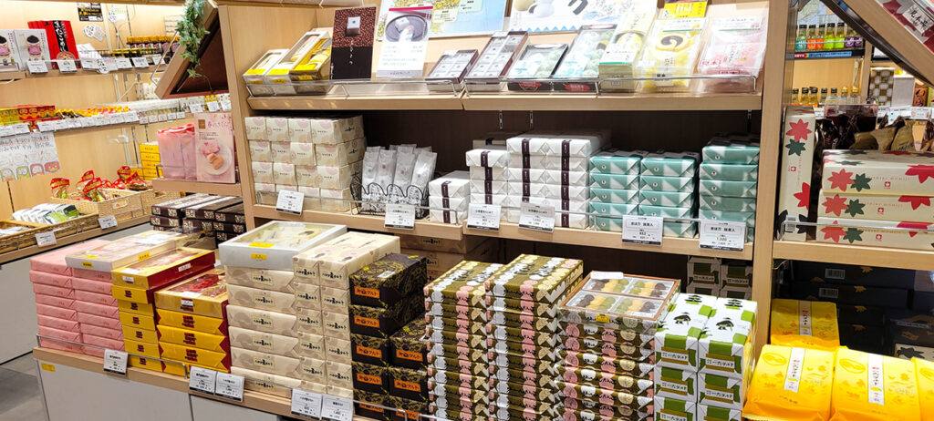 Tokyo, Japan - April. 1, 2025: Omiyage Stores: Shop selling typical gifts (candy, cookies, etc.) beautifully packaged, traditional gifts in Japan